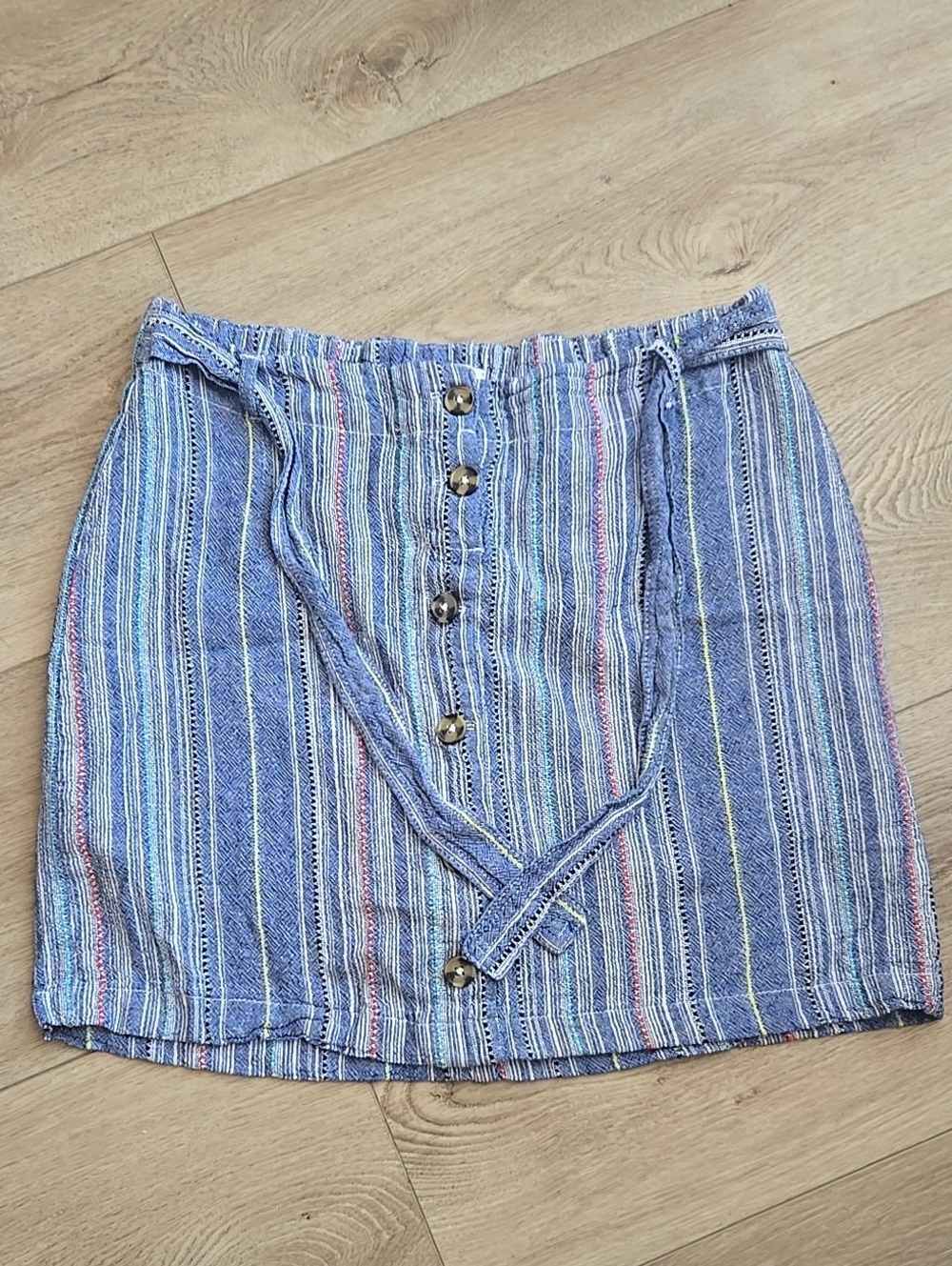 Dash Blue Linen Blend Striped Button-Front Mini Skort With Tie Belt
